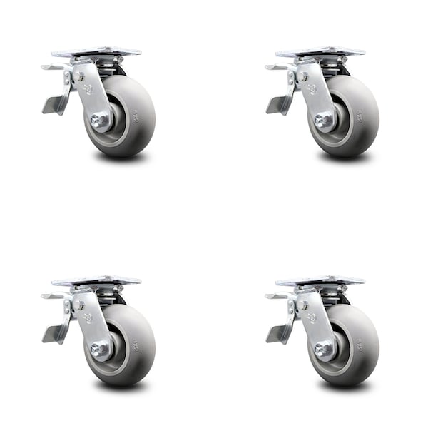5 Inch Thermoplastic Rubber Caster Set with Roller Bearings and Total Lock Brake